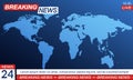 News broadcast banner for TV studio with breaking news emblem and World map backdrop. TV screen background. Vector illustration. Royalty Free Stock Photo